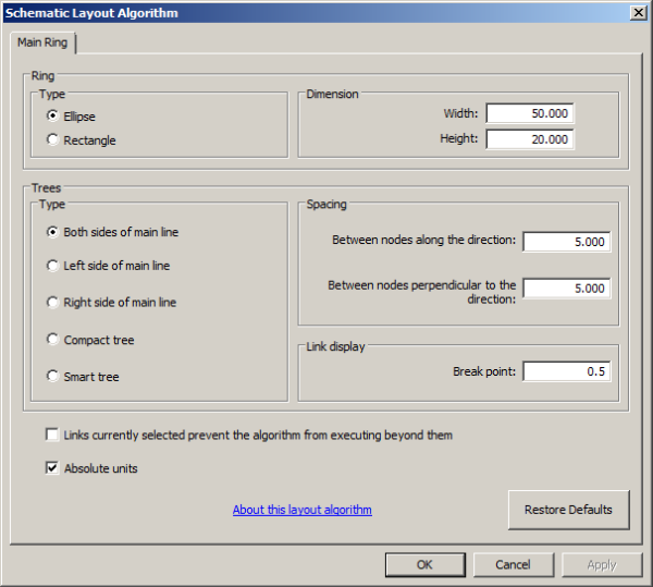 Schematic Layout Algorithm dialog box with Main Ring properties tab Schematic Layout Algorithm dialog box with Main Ring properties tab