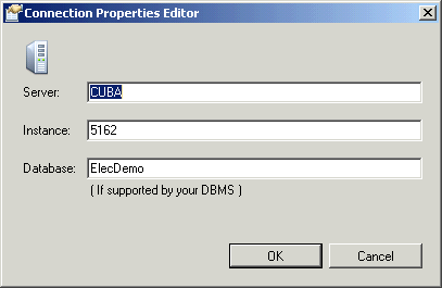 Edit Connection Properties Editor dialog box, initial content in the sample Edit Connection Properties Editor dialog box, initial content in the sample