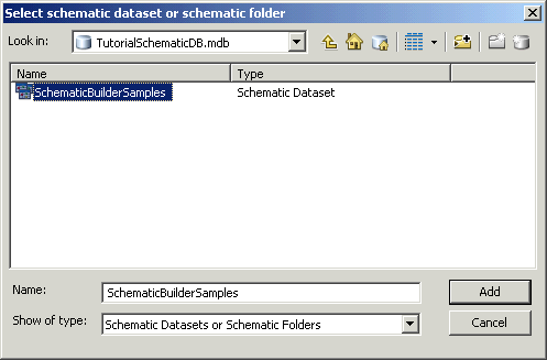 Selecting the SchematicBuilderSamples tutorial schematic dataset Selecting the SchematicBuilderSamples tutorial schematic dataset