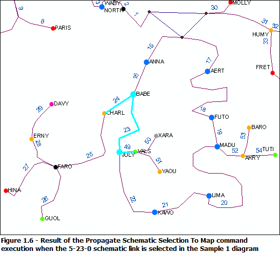 Using the Propagate Schematic To Map command when the 5-23-0 schematic link is selected in the diagram causes the associated GIS feature to be selected in the map along with all the GIS features associated with the related reduced schematic nodes and links Using the Propagate Schematic To Map command when the 5-23-0 schematic link is selected in the diagram causes the associated GIS feature to be selected in the map along with all the GIS features associated with the related reduced schematic nodes and links