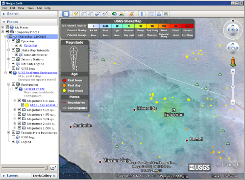 Darstellung von USGS-Erdbebenpunkten, Verwerfungslinien und ShakeMap-KML in Google Earth (Bild mit freundlicher Genehmigung von Google Earth)