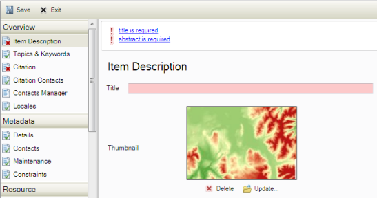 Metadaten werden während der Eingabe in den ArcGIS-Metadateneditor überprüft.