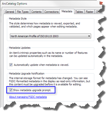 ArcGIS kann Sie zum passenden Zeitpunkt zu einem Upgrade von Metadaten im FGDC CSDGM-Format auffordern.