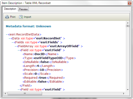 Der Inhalt einer XML-Datei, die kein bekanntes Metadatenformat enthält, wird als XML-Daten angezeigt.