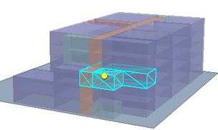 Ergebnis bei Auswahl der Räume mit der Beziehung "WITHIN_A_DISTANCE_3D" zum gelben Punkt