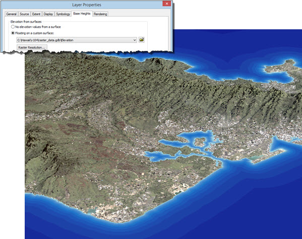 Setting the Elevation from surfaces in the Layer Properties.