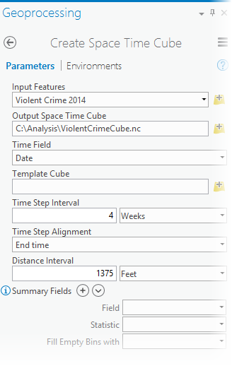 Create Space Time Cube tool parameter settings