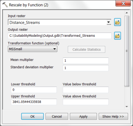 Rescale by Function tool dialog box for distance to streams with parameters specified