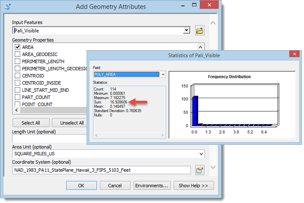 The Add Geometry Attributes dialog and Statistics.