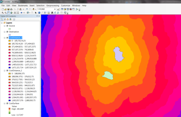 Cost distance from Destination layer