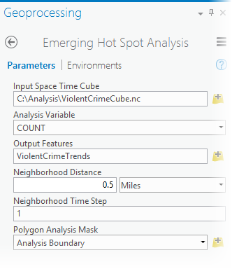 Emerging Hot Spot Analysis tool parameter settings