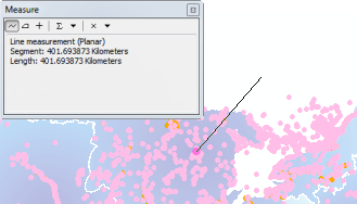 Map and dialog box showing the Measure tool
