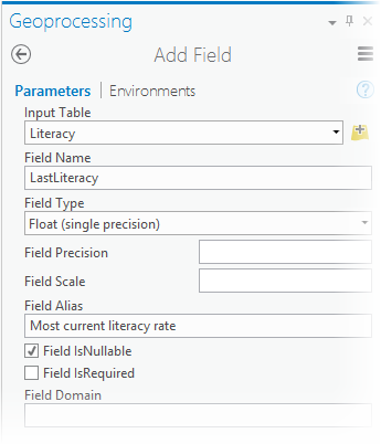 Add Field tool parameters