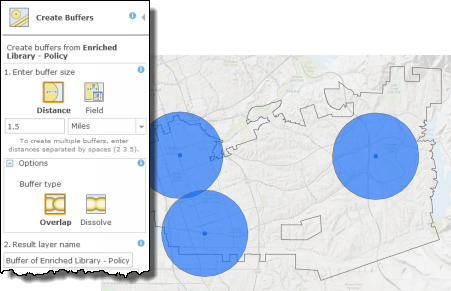 Create Buffers dialog box and map of buffers