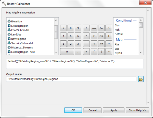 Raster Calculator tool dialog box with parameters specified
