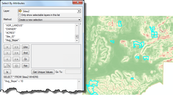 Select By Attributes dialog box used to select areas of slope less that 10 percent