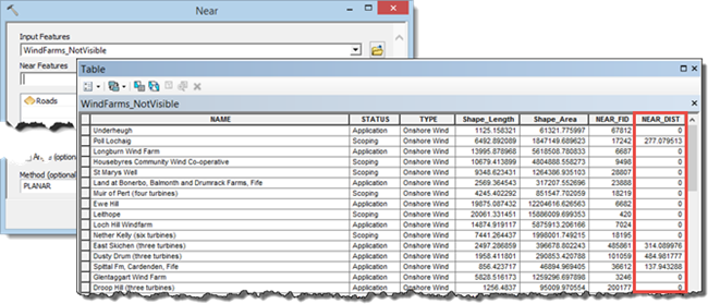 The Near tool adds two new fields to the wind farm attribute table