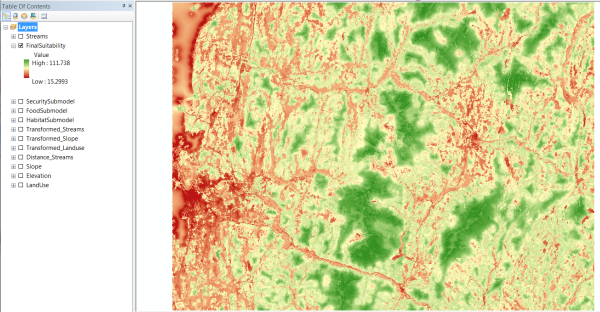 FinalSuitability layer displayed using the red-to-green stretch renderer