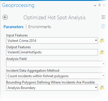 Optimized Hot Spot Analysis tool parameters for Violent Crime 2014
