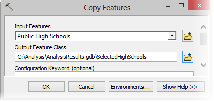 Copy Features tool parameter settings