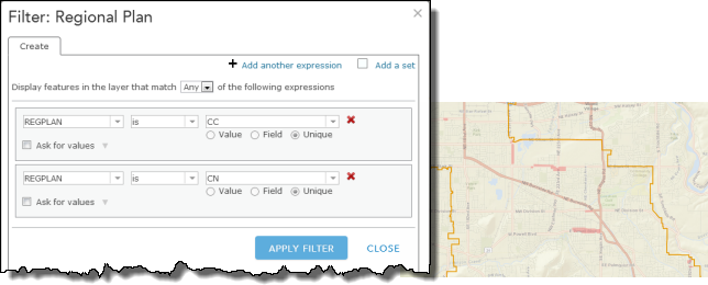 Filter the regional plan layer to select neighborhood commercial districts