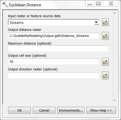 Euclidean Distance dialog box with parameters specified