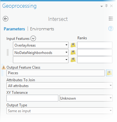 Intersect tool parameters