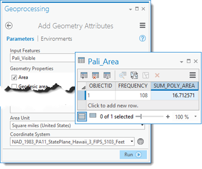 The Add Geometry Attributes dialog and Statistics.