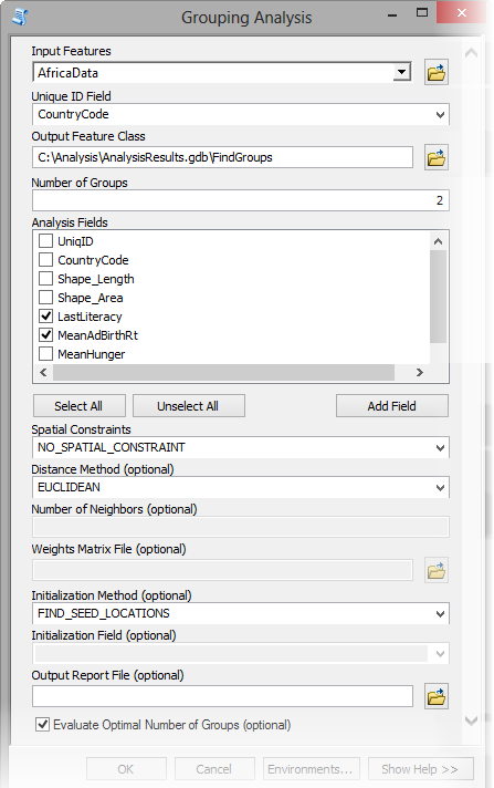 Grouping Analysis tool parameters