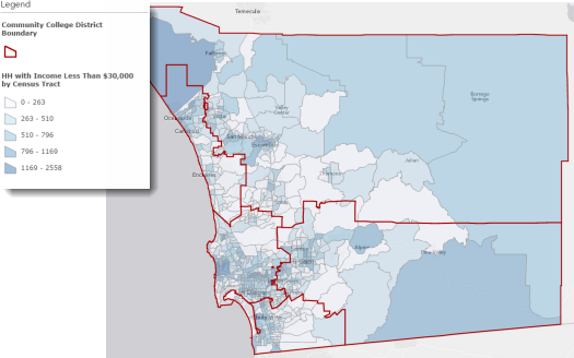 Census tracts color-coded by the number of households in each census tract with income less than $30,000 per year