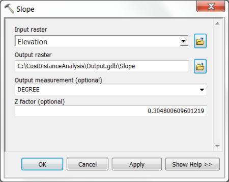 Slope tool dialog box with parameters specified