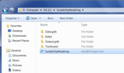 Browsing to the SuitabilityModeling.aprx file