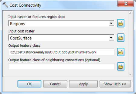 Cost Connectivity tool dialog box with parameters specified