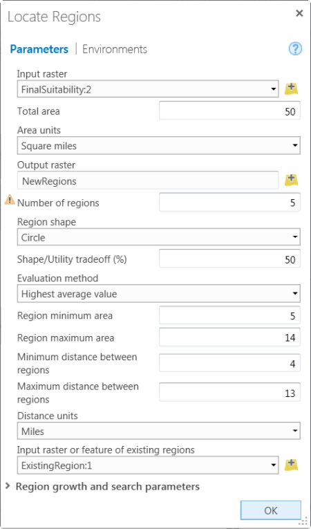 Locate Regions tool dialog box with parameters specified