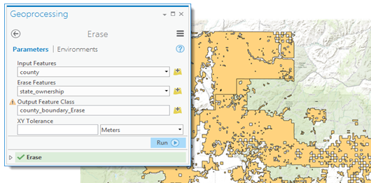 Using the Erase tool to create a layer containing the portions of the three counties that are privately owned
