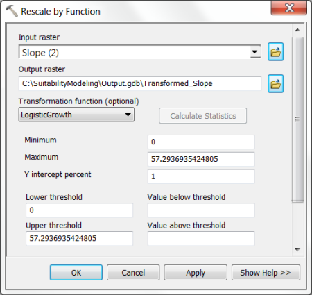 Rescale by Function dialog box with parameters specified
