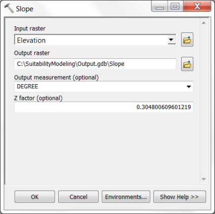 Slope tool dialog box with parameters specified