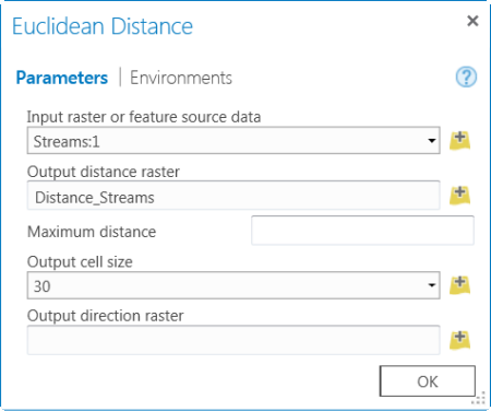Euclidean Distance dialog box with parameters specified