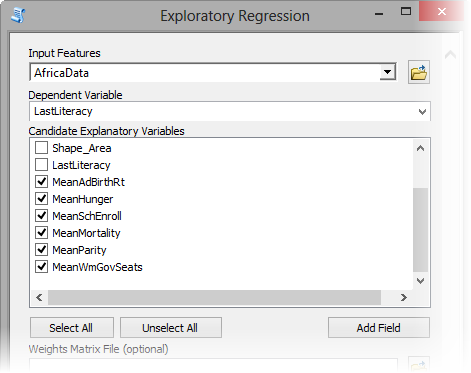 Exploratory Regression tool UI