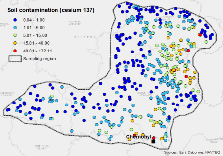 The distribution of the cesium-137 soil samples from 1992, Belarus