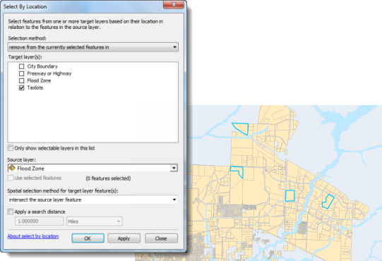 Select By Location dialog box to the parameters for intersect
