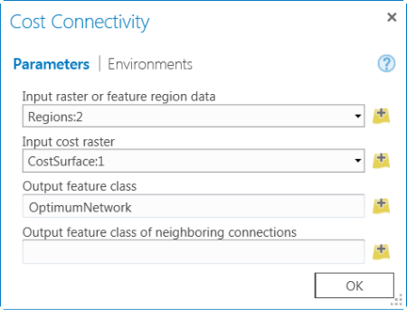 Cost Connectivity tool dialog box with parameters specified