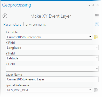 Parameter settings for Make XY Event Layer