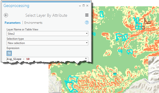 Select Layer By Attribute dialog box used to select areas of slope less that 10 percent