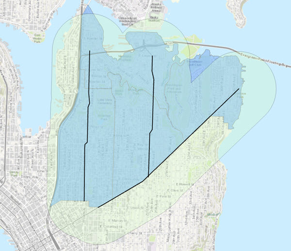 The chosen bike routes and their ½-mile buffers