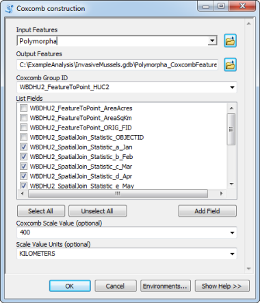 Completed parameters in the Coxcomb construction dialog box after preparing data