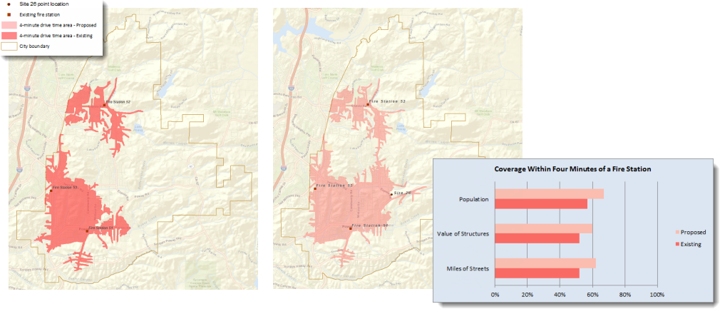 Maps showing areas within four minutes of travel time