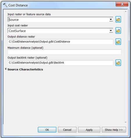Cost Distance tool dialog box with input parameters specified