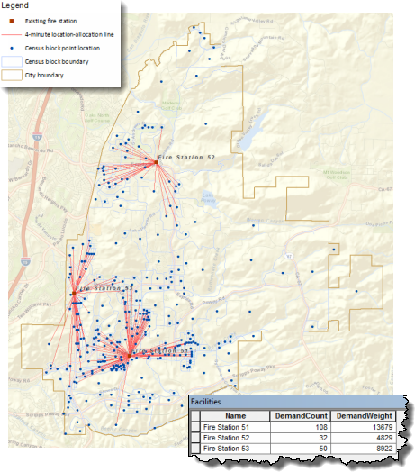 Map showing four-minute location-allocation lines