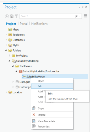 Opening the SuitabilityModel ModelBuilder model